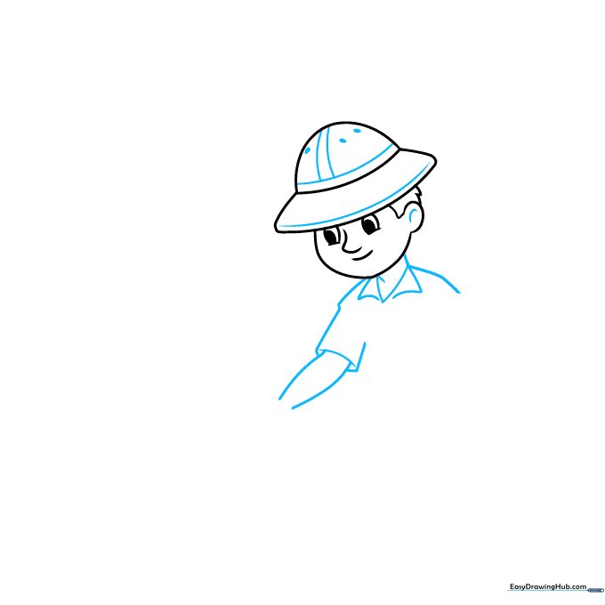 Drawing showing the addition of the neck, shirt collar, and shoulder lines to the archaeologist character.