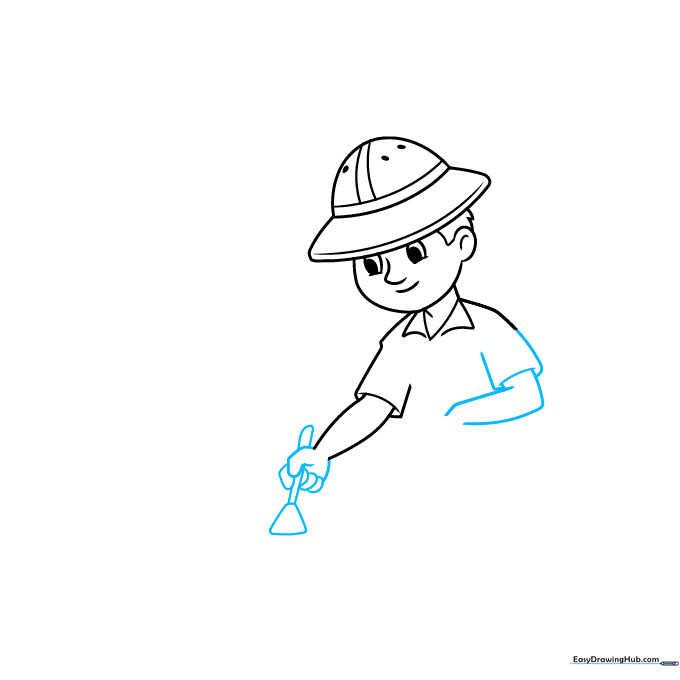 Close-up sketch of the archaeologist's hand holding a small brush for cleaning fossils.