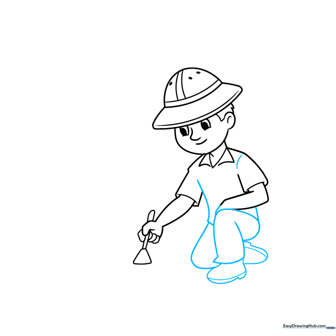 Drawing of the archaeologist's lower body showing the crouching legs and boots.