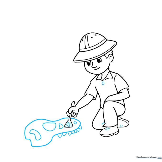 Sketch showing the archaeologist's clothing details and the beginning of a T. rex skull fossil.