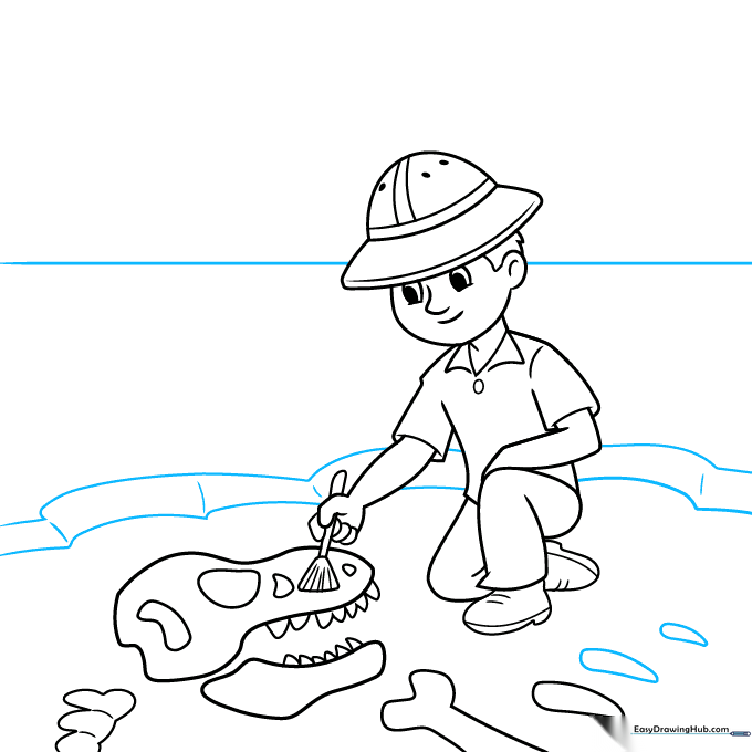 Drawing showing the archaeologist inside an excavation pit with surrounding dirt walls.