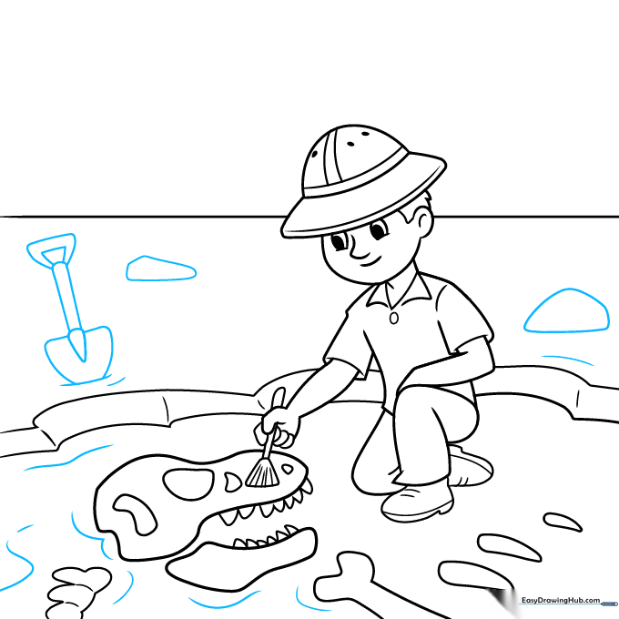 Drawing showing a shovel and rocky terrain in the background of the dig site.