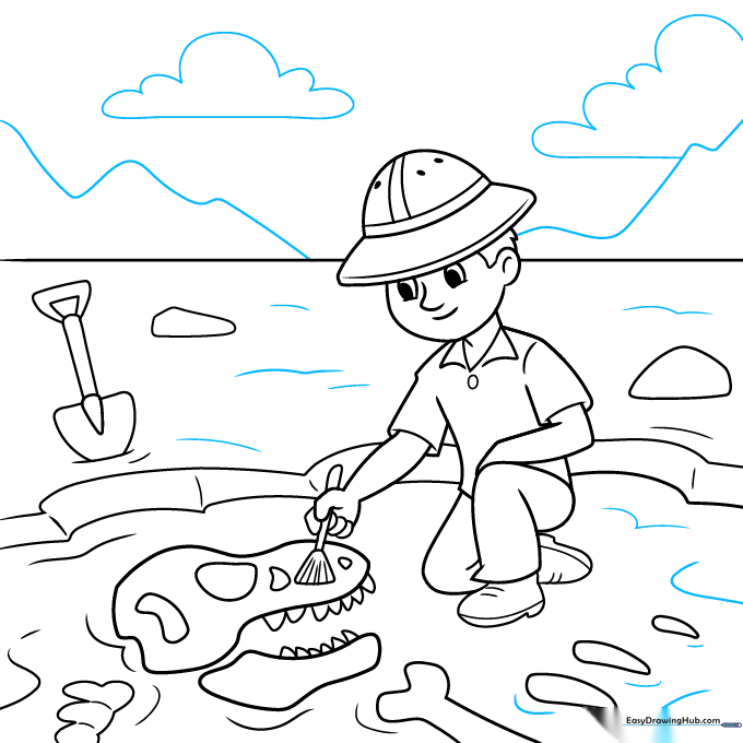 Completed line art of the archaeologist scene with background mountains and clouds.