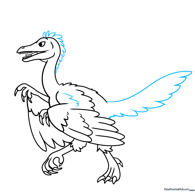 Sketching the long, feathered tail of the Archaeopteryx.