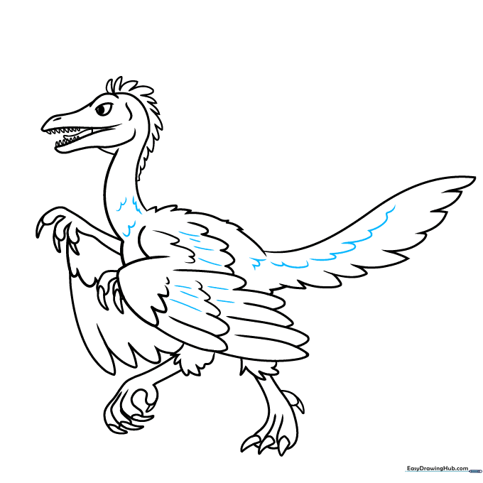 Adding fine feather texture lines across the entire Archaeopteryx body.