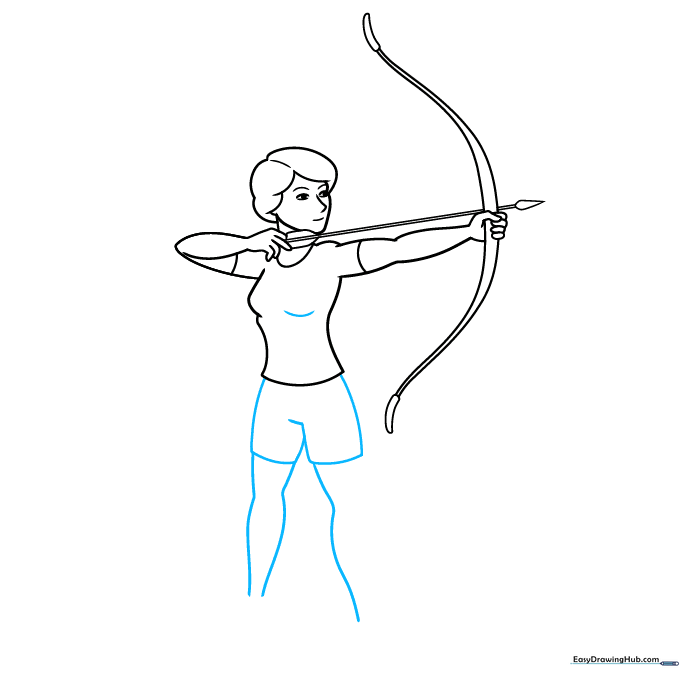 Drawing the archer's shorts and legs with simple curved lines.