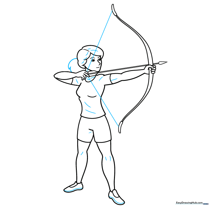 Refining the drawing with final contours and the bowstring.
