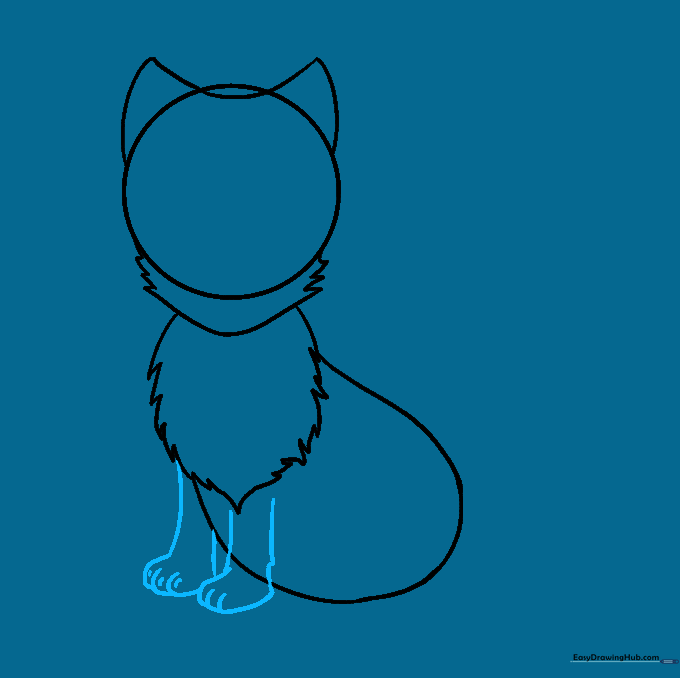 Drawing two front legs with defined toes on the Arctic fox sketch.