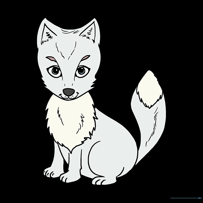 The finished Arctic fox drawing, colored with soft grey and white tones.