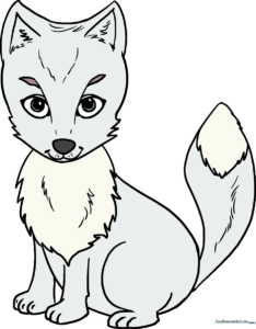 A completed, high-quality illustration of a cute Arctic fox sitting in the snow.