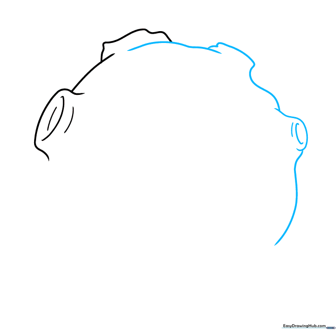 Drawing showing the addition of a C-shaped crater indentation on the asteroid surface.