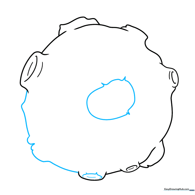 Adding a central crater with sharp, jagged edges to the middle of the asteroid drawing.