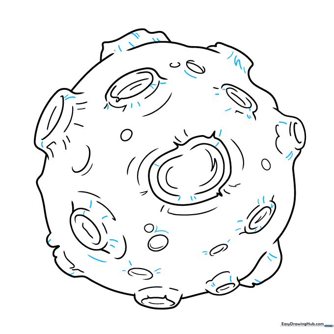 Finalizing the asteroid outline with short, sharp texture lines around the crater rims.