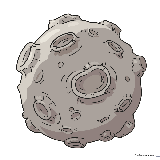 Completed asteroid drawing colored in shades of gray and brown.