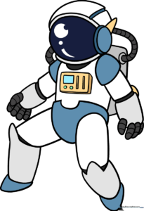 A colorful, finished drawing of a friendly astronaut floating in space.