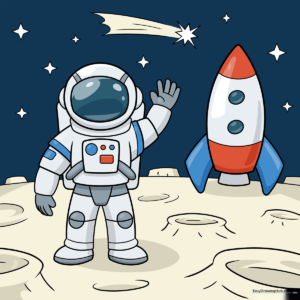 Colorful cartoon astronaut walking on the moon surface with a rocket ship.