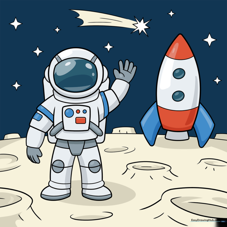 Colorful cartoon astronaut walking on the moon surface with a rocket ship.