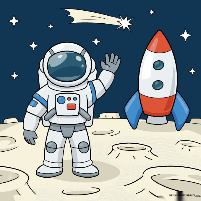 Finished, colored drawing of an astronaut walking on the moon with a rocket in the background.