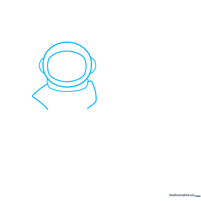 Pencil sketch of an astronaut helmet showing the visor and side ear pieces.