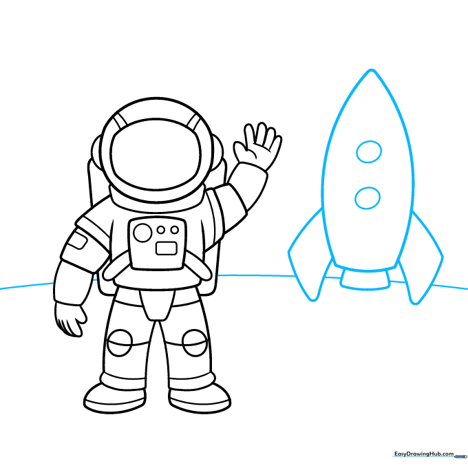 Sketching a rocket ship in the background with a lunar horizon line.