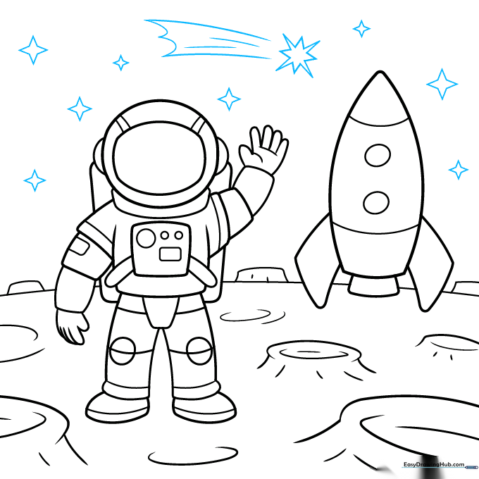Final ink outline of the astronaut, rocket, and starry space background.