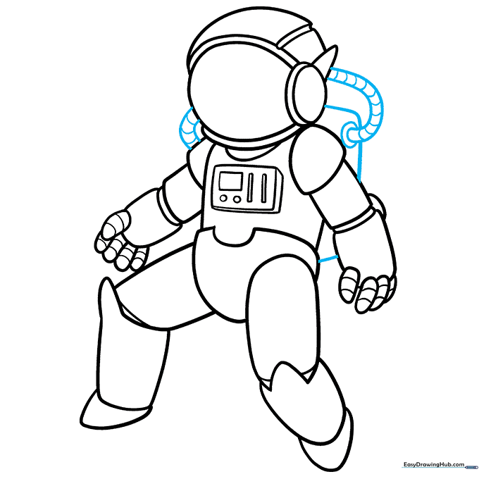 Drawing of the life-support backpack and connecting hoses to the helmet.