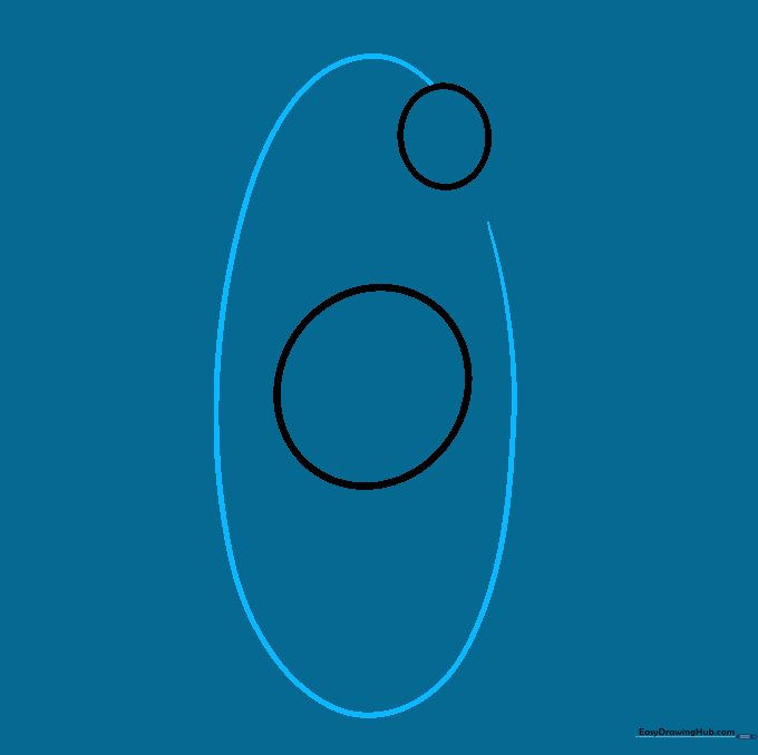 An oval orbital path drawn around the central nucleus with the electron on the line.