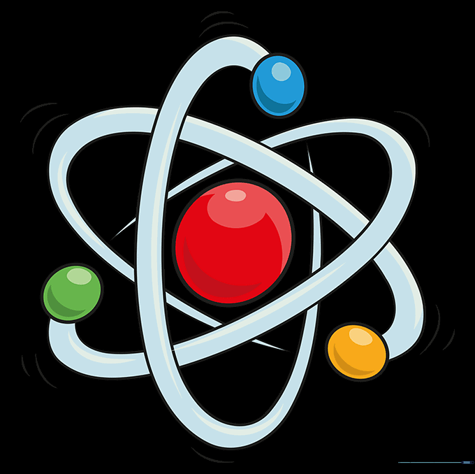 A fully colored, vibrant atom illustration.