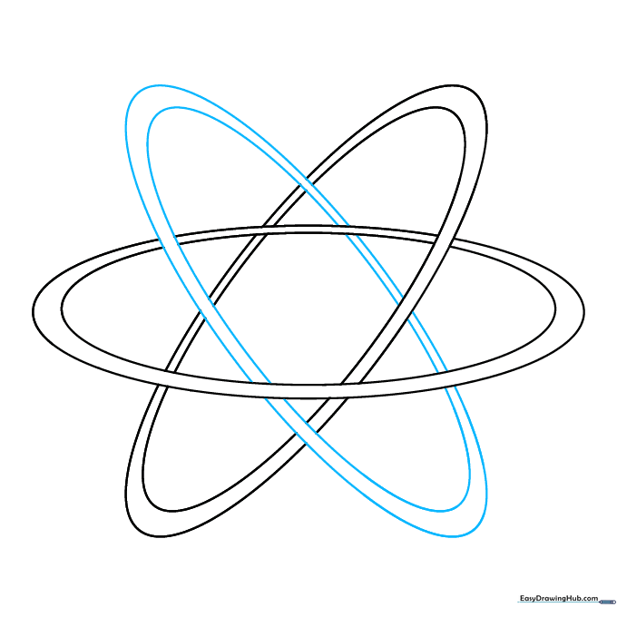 Three sets of intersecting orbital paths drawn to form the base structure of an atom.