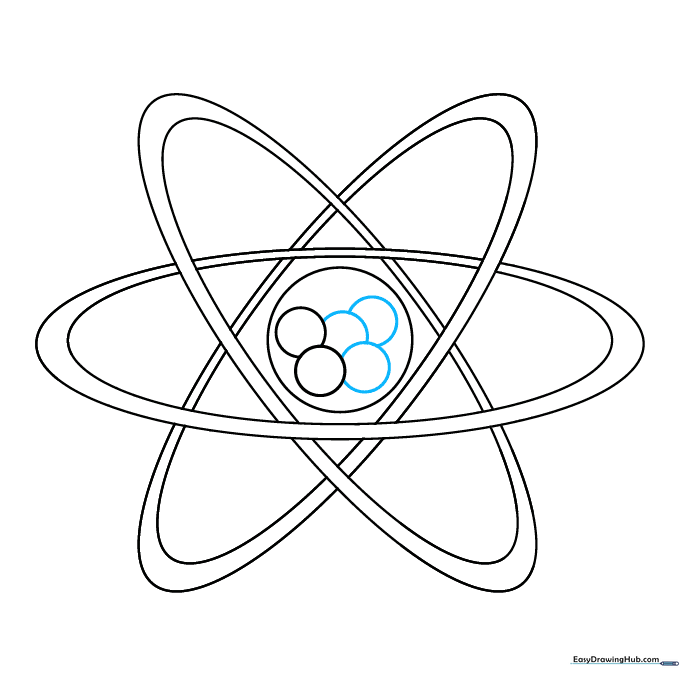 Multiple overlapping circles packed inside the central nucleus to represent protons and neutrons.