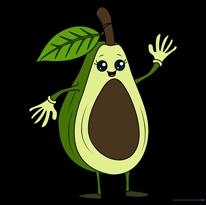 The finished, colored avocado character with green skin and a brown pit.