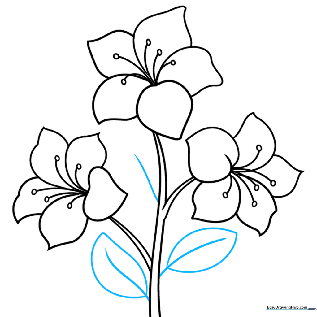 Adding leaf shapes along the main stem of the azalea drawing.