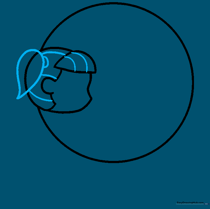 Line drawing showing the addition of a ponytail and hair details to the girl's head.