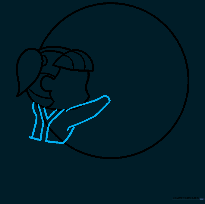 Line drawing showing the girl's torso, arms, and overall straps added to the composition.