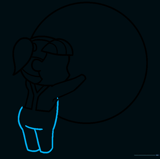 Line drawing showing the girl's legs and overall pants being added.