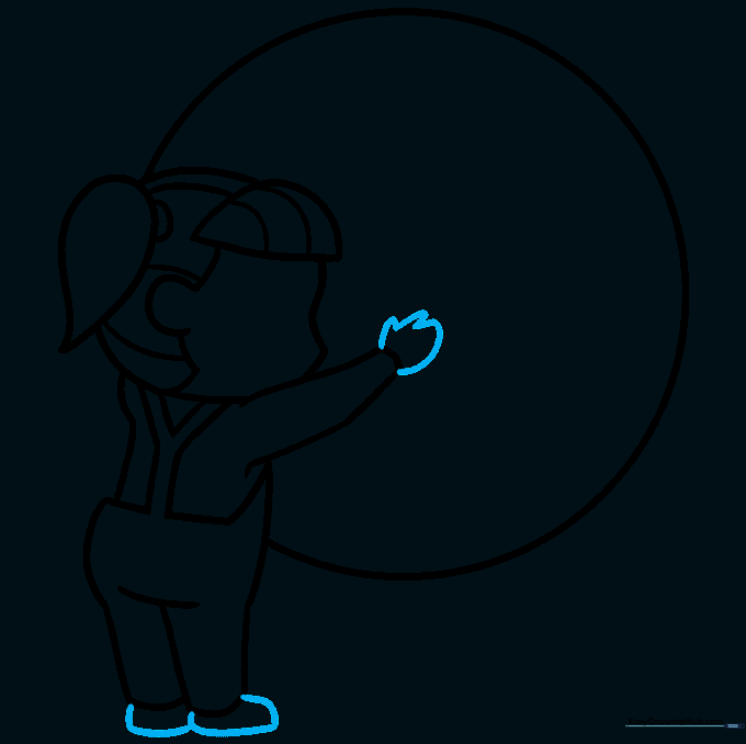 Line drawing showing the addition of hands and shoes to the cartoon girl.