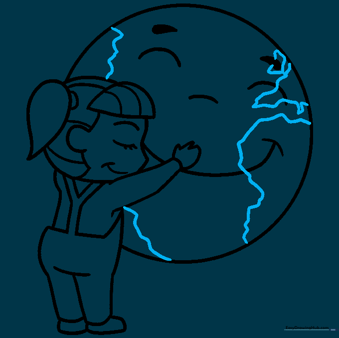 Line drawing showing the addition of continent shapes onto the Earth character.