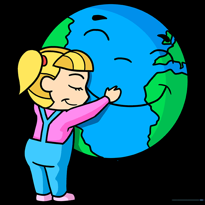 The completed, colored Earth Day card drawing featuring a girl and a happy Earth.