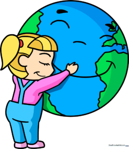 A colorful, finished Earth Day card illustration showing a girl holding a happy planet Earth.