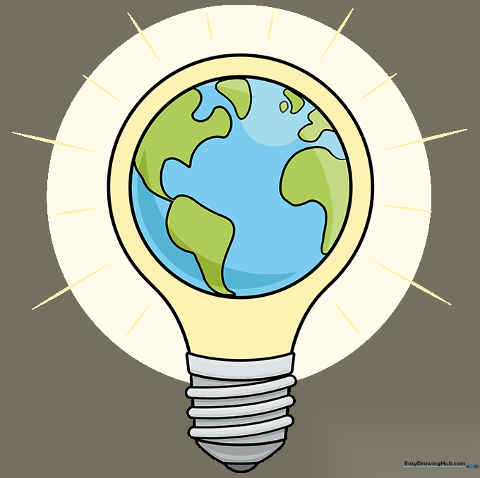 The final colored Earth Hour illustration with green land, blue oceans, and yellow light rays.