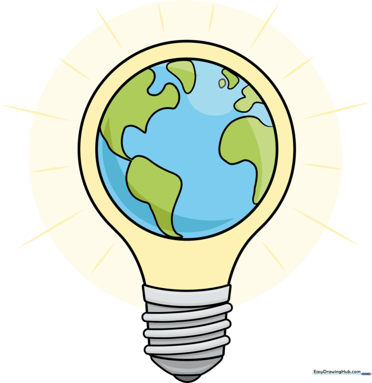A vibrant, finished illustration of a lightbulb containing the Earth, symbolizing Earth Hour.