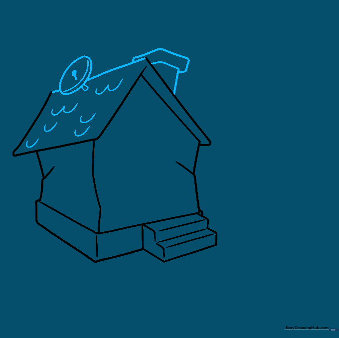 Drawing of a house roof featuring a satellite dish and chimney details.