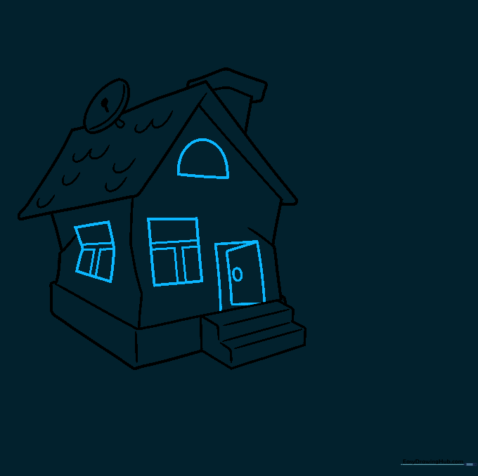 Detailed sketch of a house showing windows with panes and an open door.