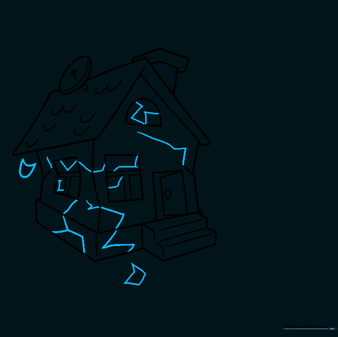 House drawing with added cracks on the walls and debris on the ground.