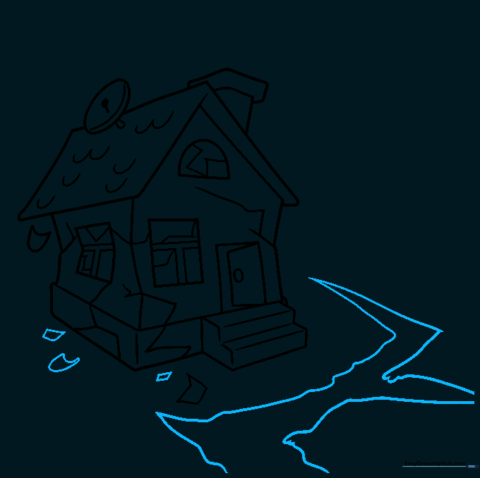 Drawing of a house with a large zigzag crack in the ground.