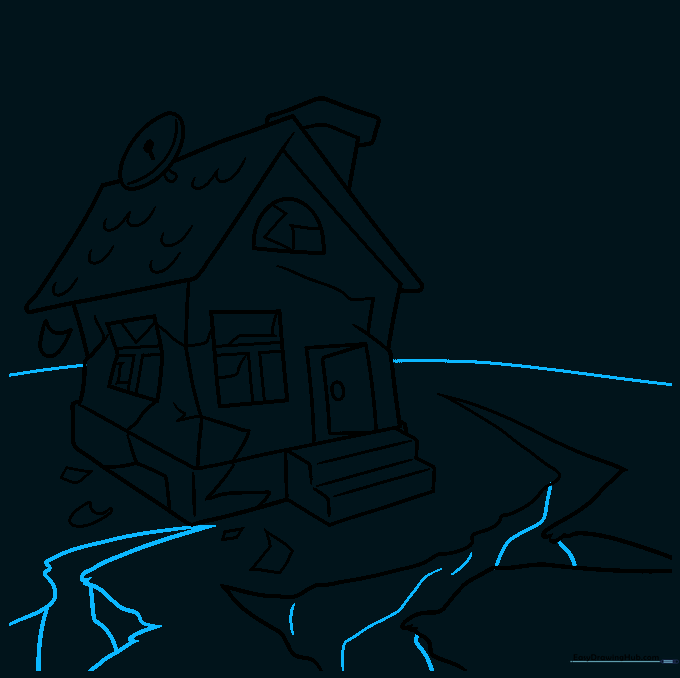 Drawing showing a house with ground cracks and a horizon line in the distance.
