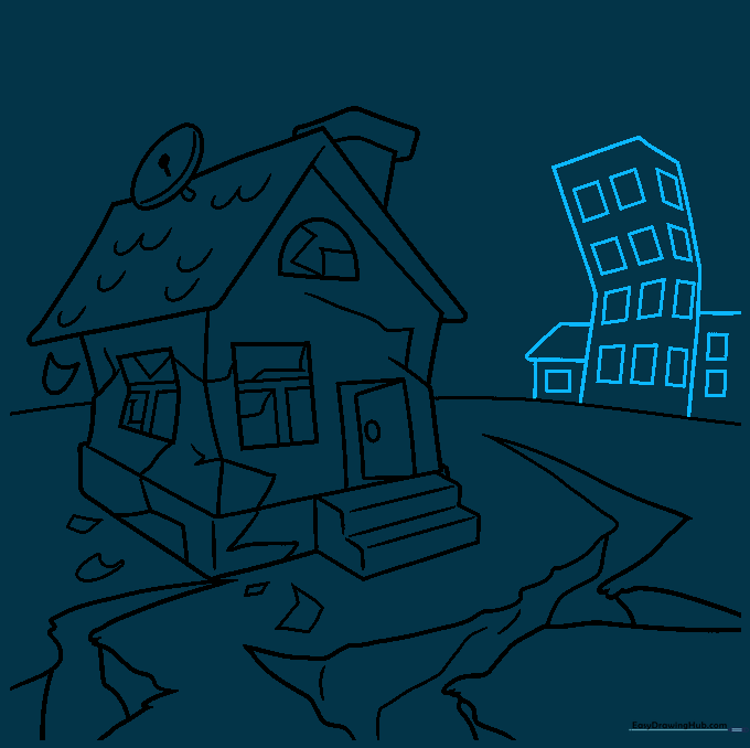 Drawing of a house with a city skyline added in the background.