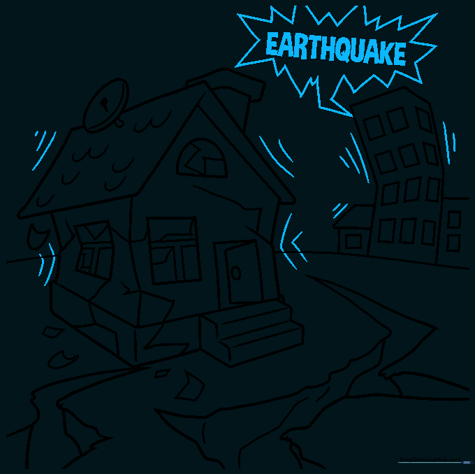 Final line art showing an earthquake scene with motion lines and a speech bubble.
