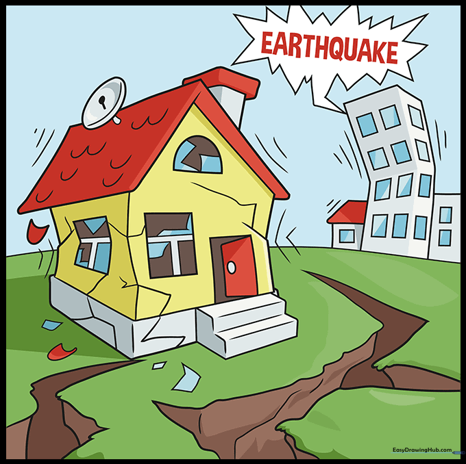 Fully colored cartoon earthquake scene.