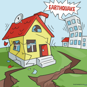 Colorful, finished drawing of an earthquake scene with a house and cracked ground.